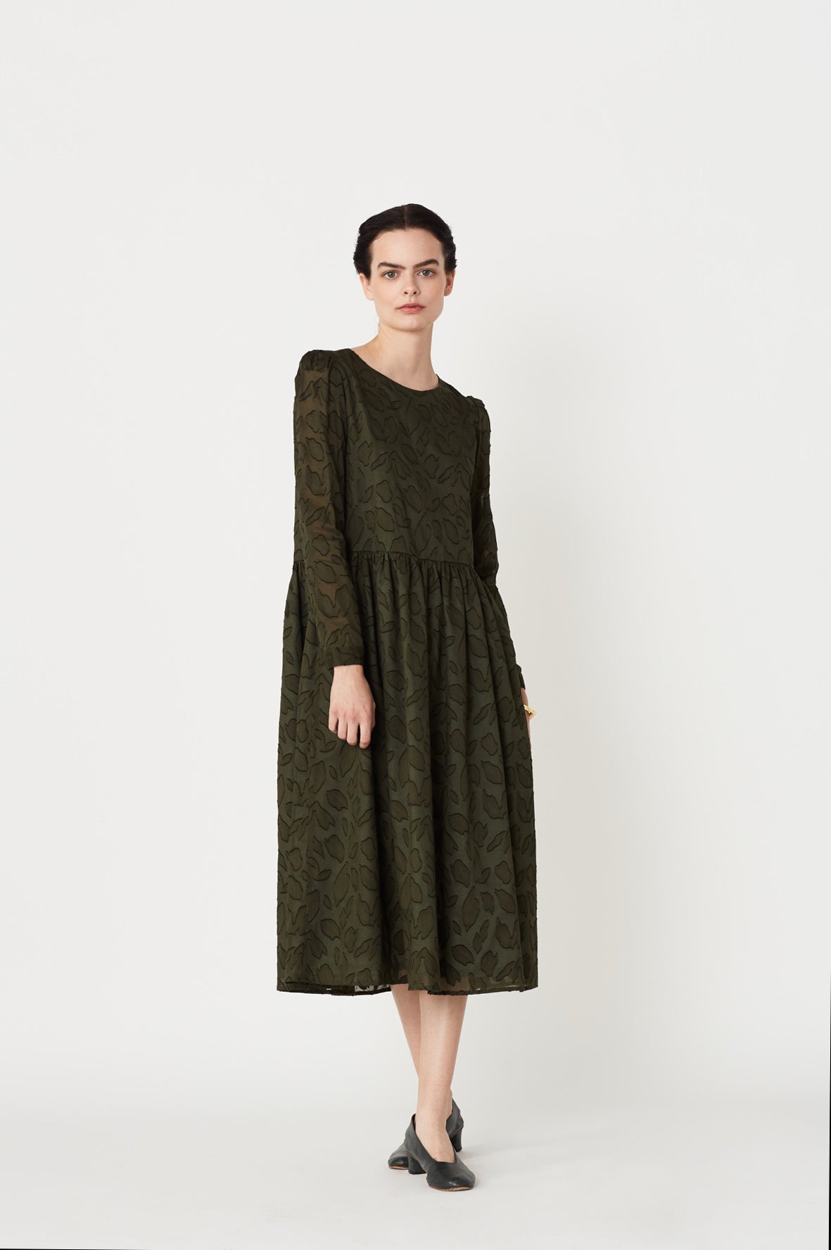 Ingrid Dress in Forest Green Cotton Leaf Jacquard. Made in Atlanta, ethically and sustainably, by slow fashion designer Megan Huntz. 