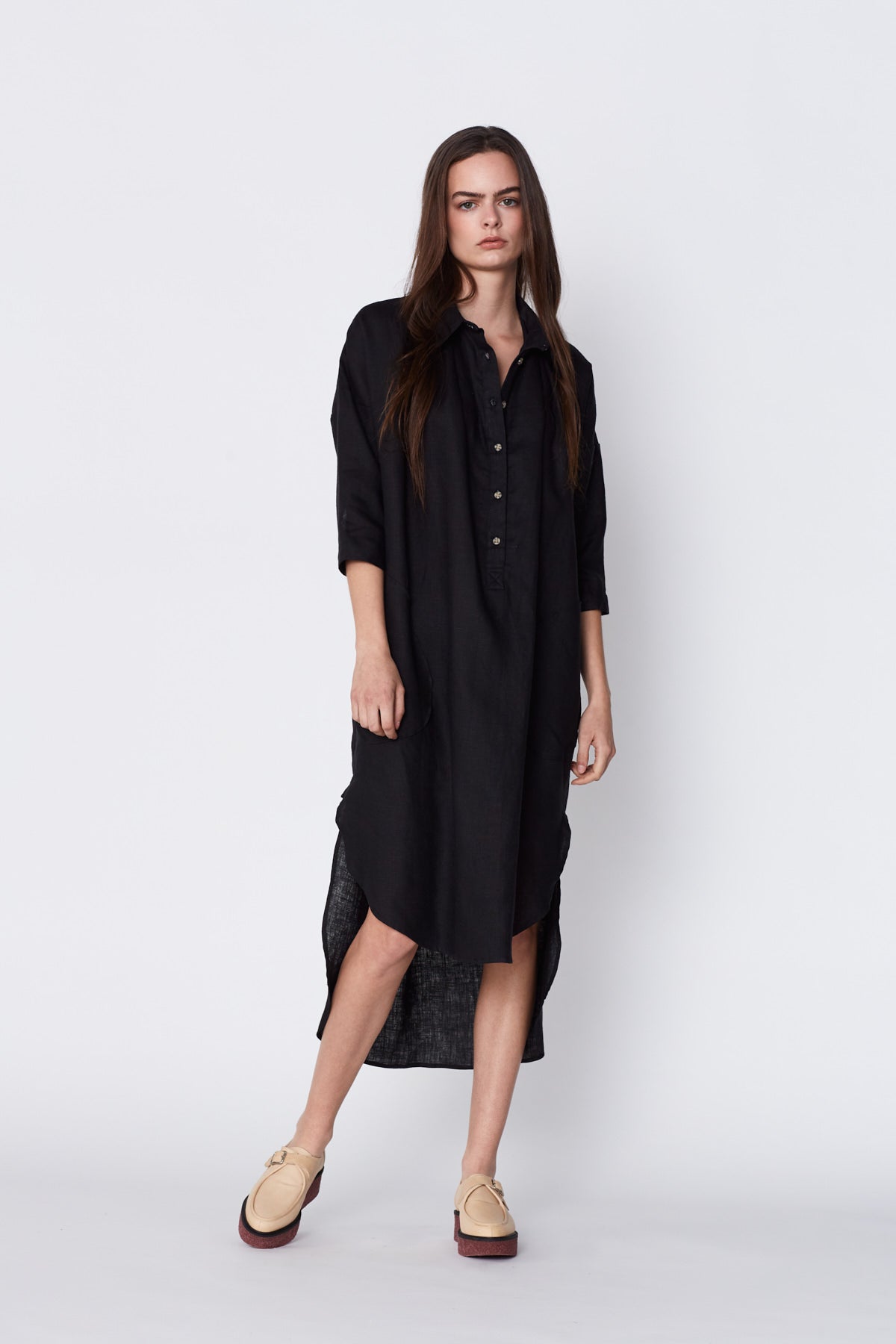 Leah Linen Popover Dress in Black. Made in Atlanta, ethically and sustainably, by slow fashion designer Megan Huntz. 