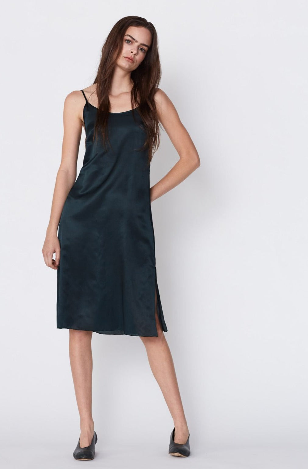 CBK Slip Dress in Ink Green Silk Twill. Made in Atlanta, ethically and sustainably, by slow fashion designer Megan Huntz.