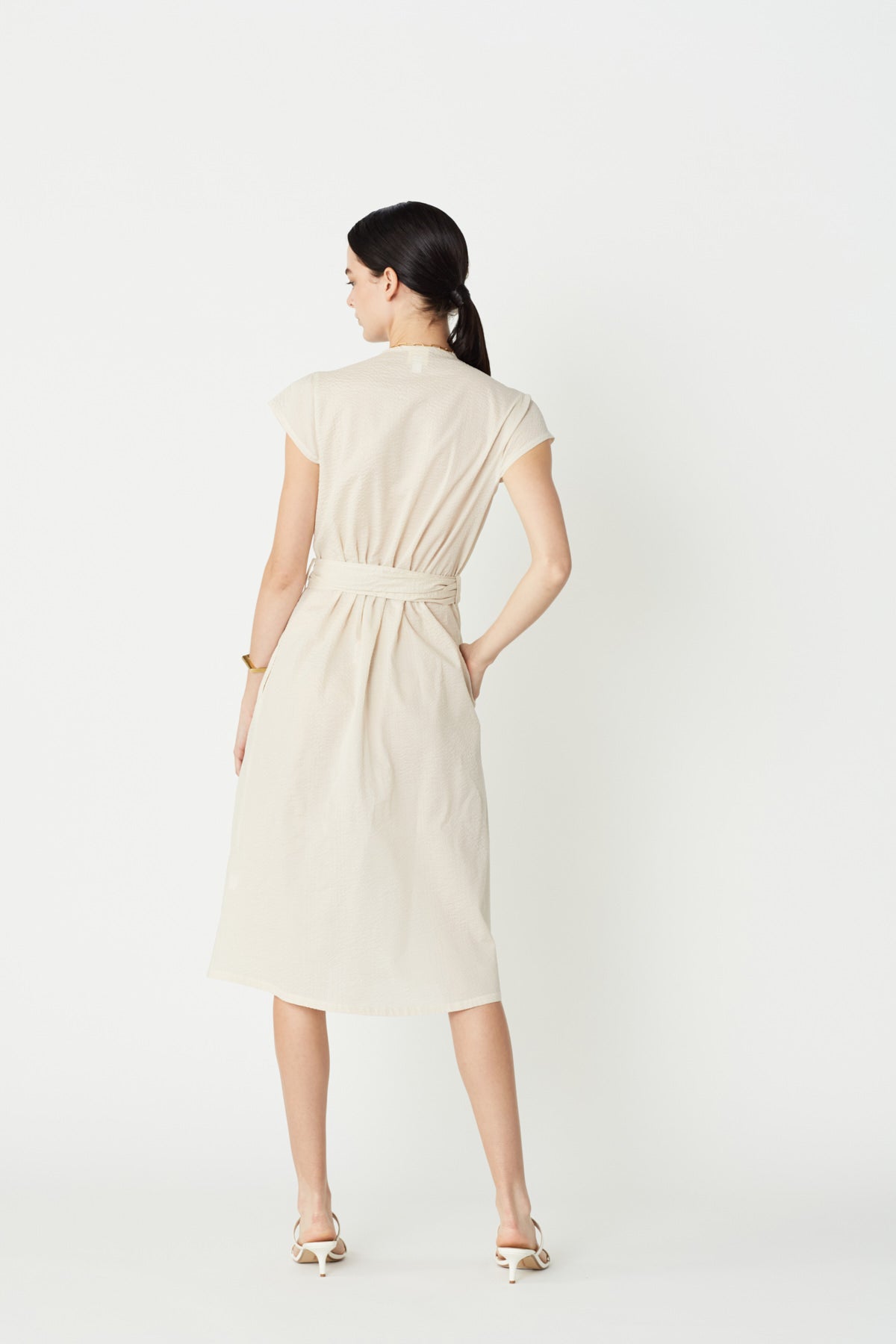 June Cap Sleeve Shirt Dress in Ecru Texture Organic Cotton. Made in Atlanta, ethically and sustainably, by slow fashion designer Megan Huntz. 