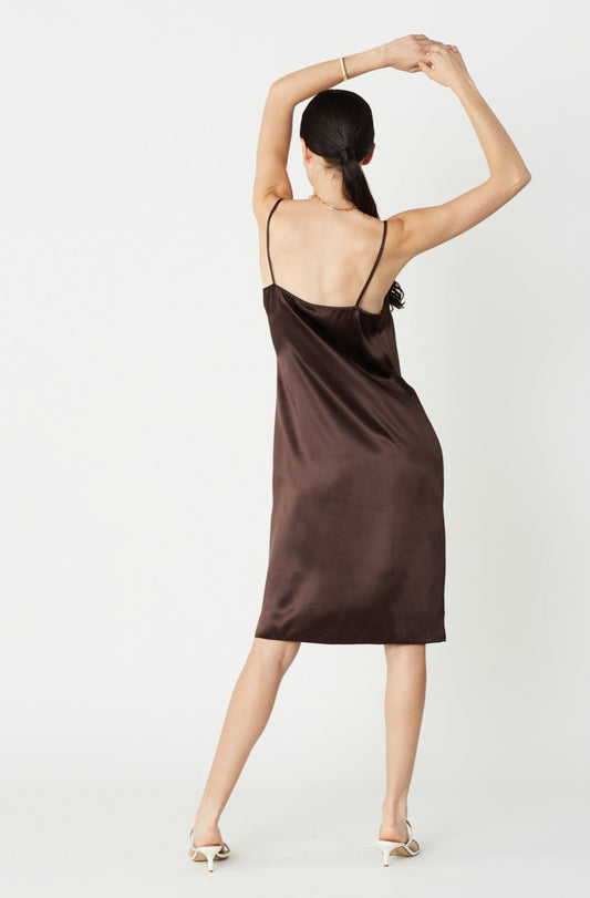 CBK Slip Dress in Chocolate Silk Charmeuse. Made in Atlanta, ethically and sustainably, by slow fashion designer Megan Huntz.