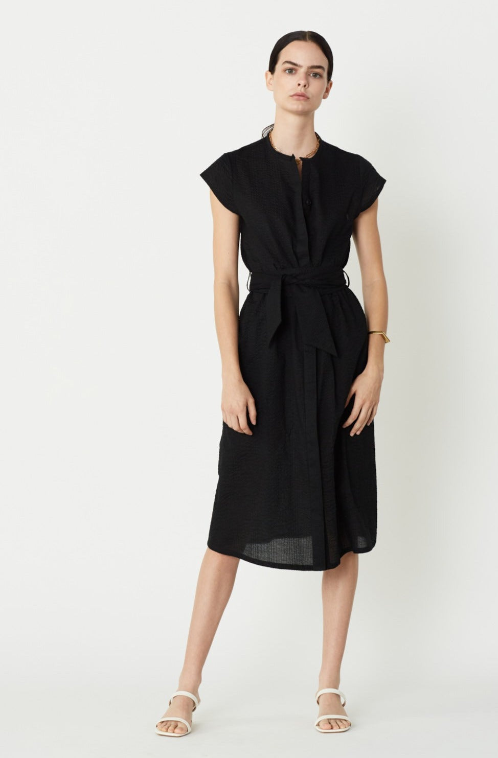 June Cap Sleeve Shirt Dress in Black Texture Organic Cotton. Made in Atlanta, ethically and sustainably, by slow fashion designer Megan Huntz. 