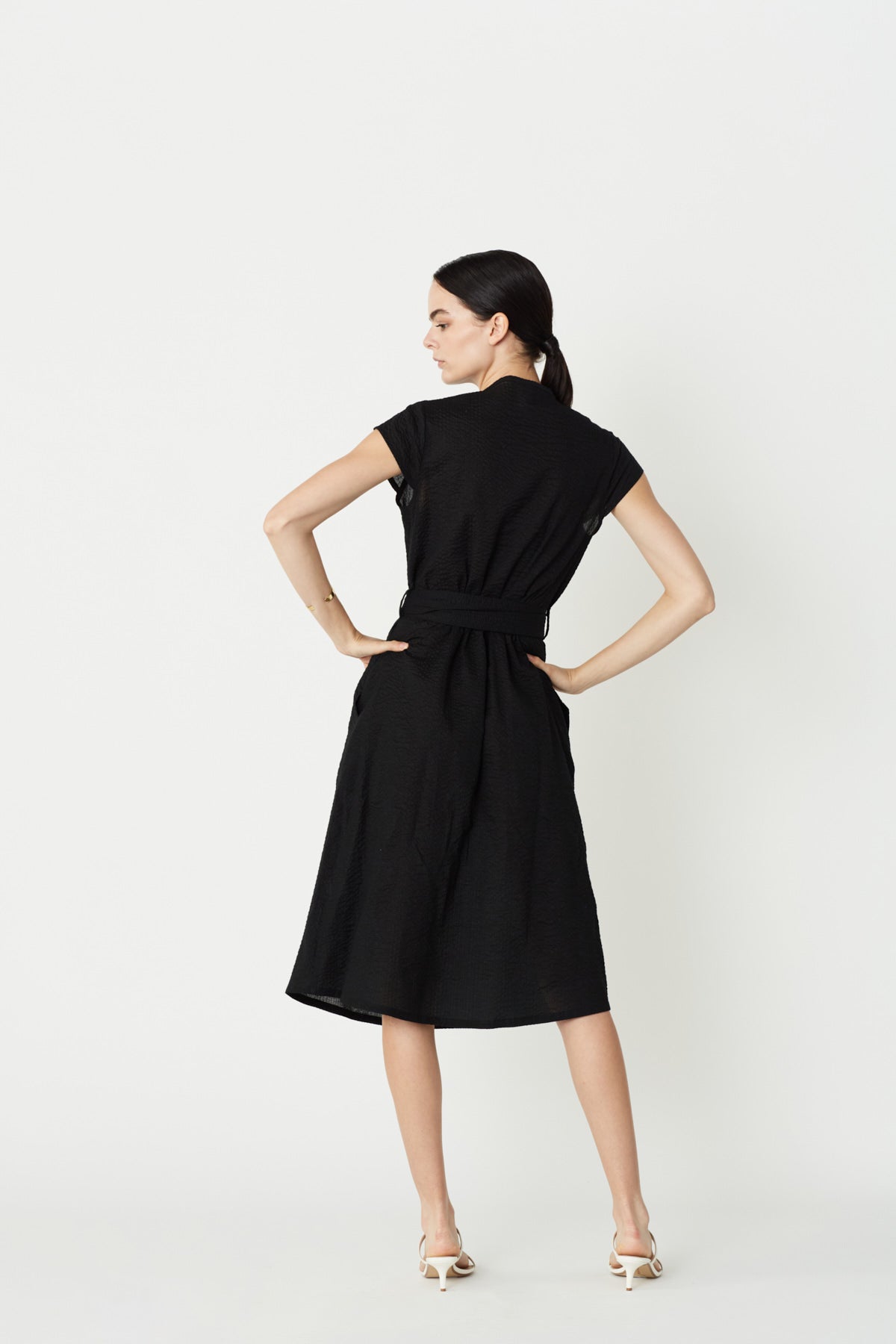 June Cap Sleeve Shirt Dress in Black Texture Organic Cotton. Made in Atlanta, ethically and sustainably, by slow fashion designer Megan Huntz. 