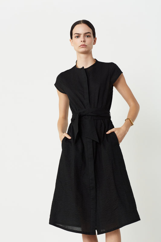 June Cap Sleeve Shirt Dress in Black Texture Organic Cotton. Made in Atlanta, ethically and sustainably, by slow fashion designer Megan Huntz. 