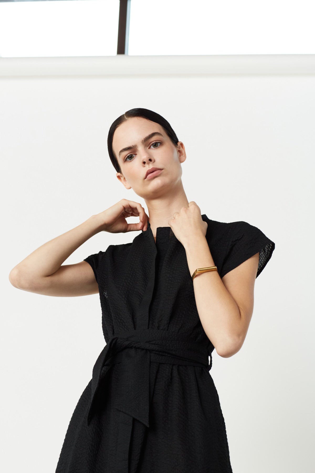 June Cap Sleeve Shirt Dress in Black Texture Organic Cotton. Made in Atlanta, ethically and sustainably, by slow fashion designer Megan Huntz. 