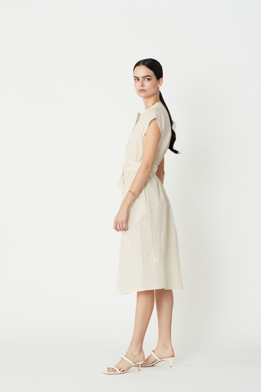 June Cap Sleeve Shirt Dress in Ecru Texture Organic Cotton. Made in Atlanta, ethically and sustainably, by slow fashion designer Megan Huntz. 
