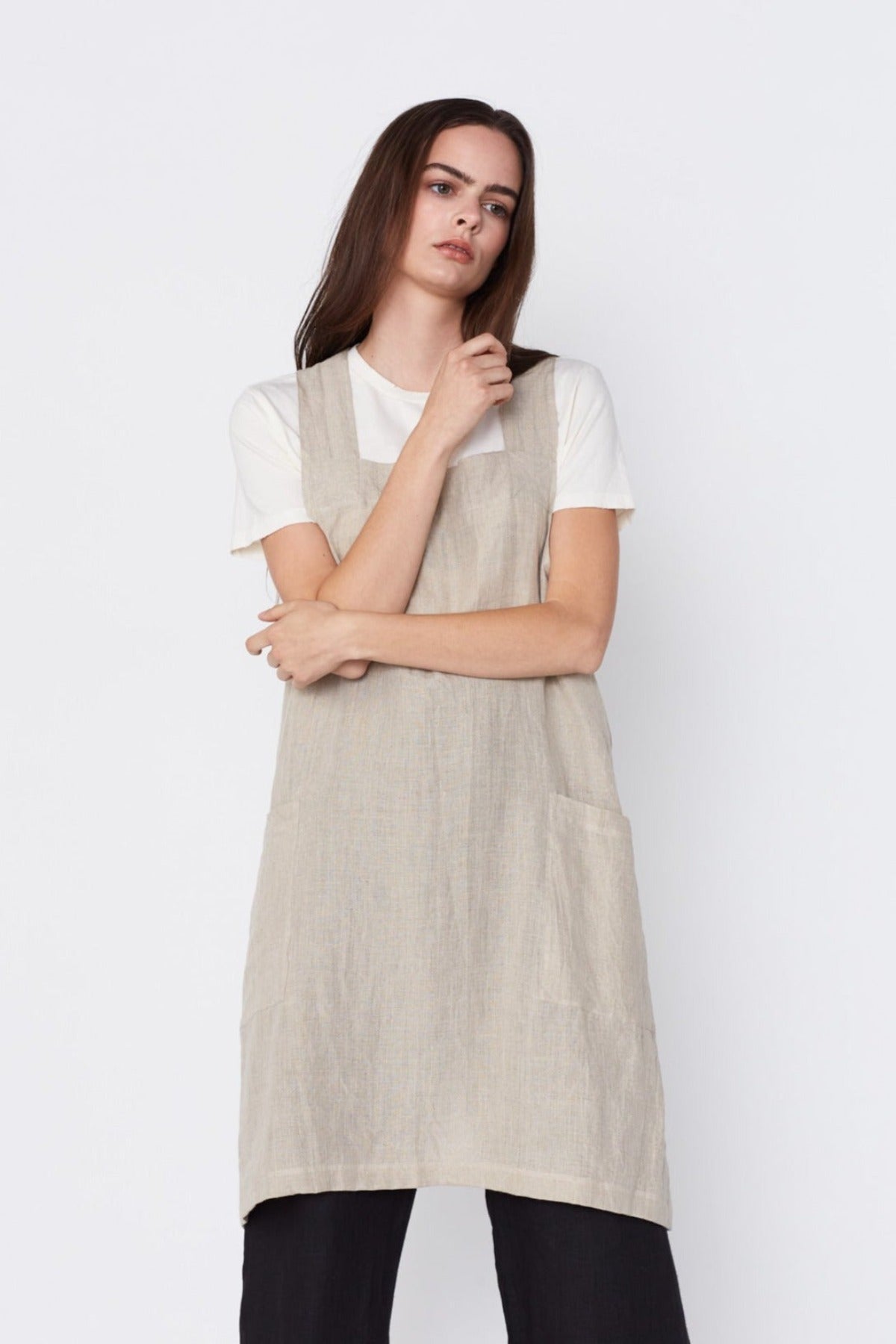 Linen Pinafore Apron in Natural. Made in Atlanta, ethically and sustainably, by slow fashion designer Megan Huntz. 