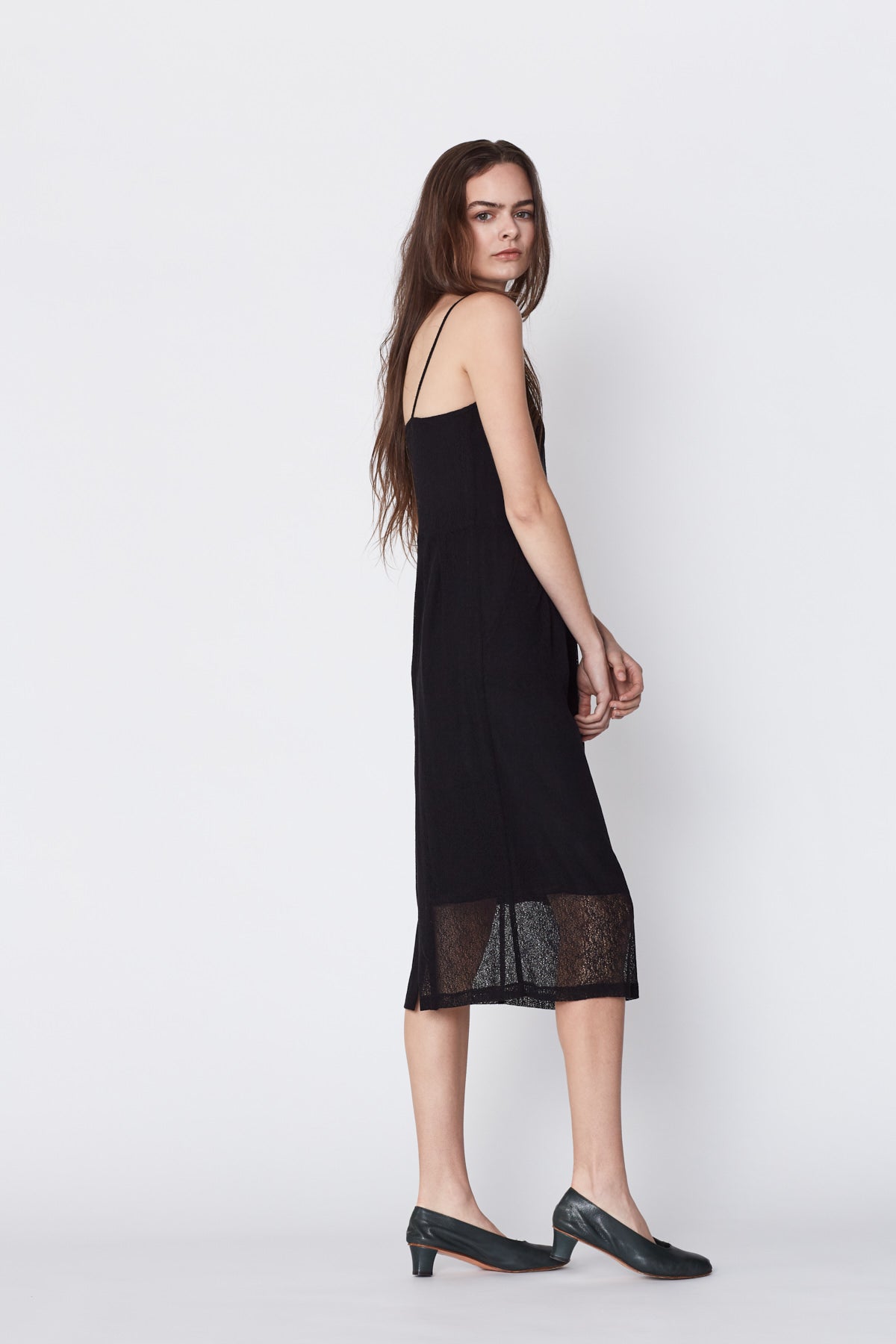 Cam Tank Dress in Black Lace. Made in Atlanta, ethically and sustainably, by slow fashion designer Megan Huntz. 