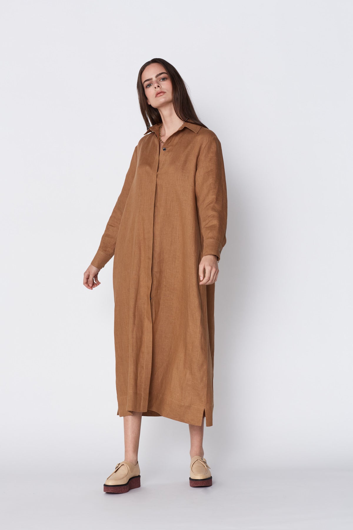 Lydia Long Shirt Dress in Cafe Au Lait Linen. Made in Atlanta, ethically and sustainably, by slow fashion designer Megan Huntz. 